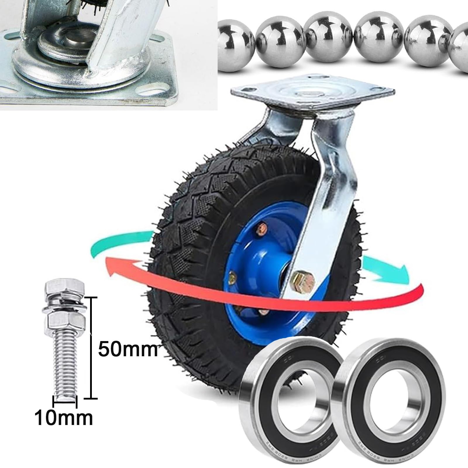 Ruote piroettanti in Gomma ad Aria per carichi Pesanti,fisse o con Freno,Confezione da 2 Pezzi,150 mm e 200 mm.Ideali per Il Trasporto di carichi Pesanti.