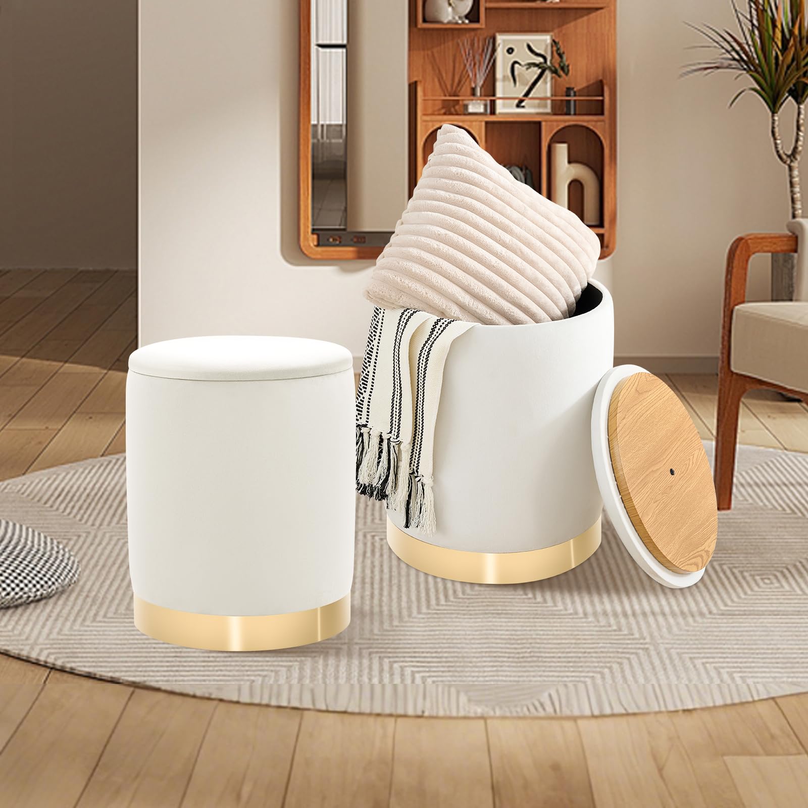SJGUOJI Round Ottoman with Storage Set of 2, Upholstered Velvet Storage Ottomans, Vanity Stool, Multifunctional Ottomans, Coffee Table Foot Rest Ottoman for Living Room Bedroom, White