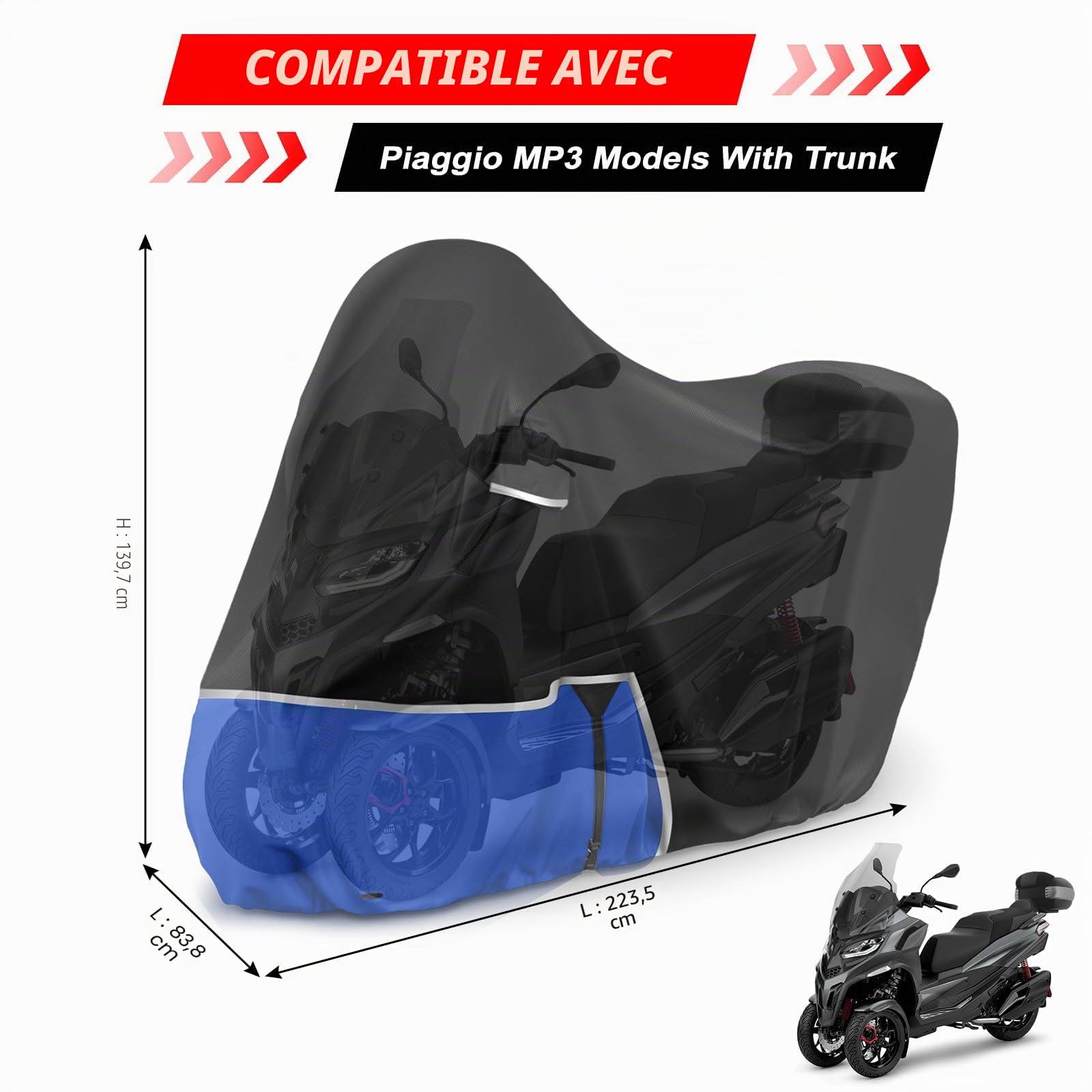 Bâche de Protection Moto, pour Piaggio mp3 400/500 (avec Coffre) | Housse mp3 400 Housse mp3 500 Protection imperméable, résistante à l'hiver, en Tissu Oxford 420D, Noir et Bleu