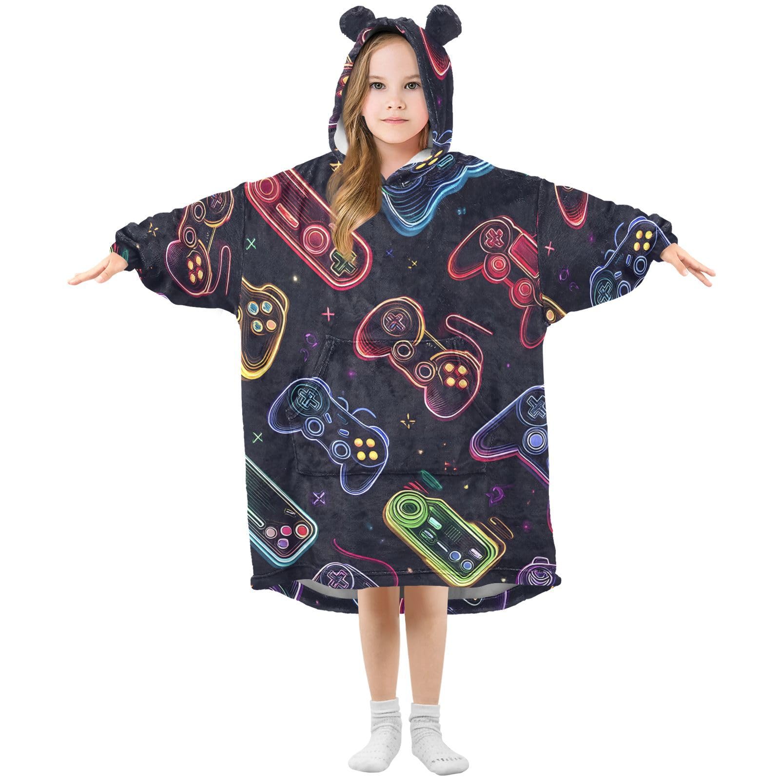 Kids Oversized Blanket Hoodie, Neon Game Pad Warm Fleece Sweatshirt Plush Wearable for Girls Boys, Front Roomy Pocket, Cute Ear Cap, Large