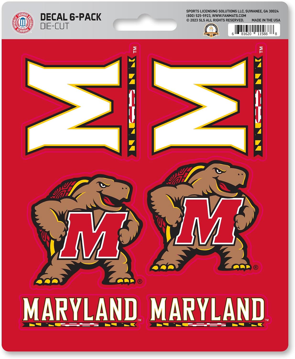 FANMATS 39897 University of Maryland Decal 6-pk - Works On Hard Surfaces - for Homes, Cars, Trucks, SUVs, Personal Items, Laptops, Cell Phones | Red | 5” x 6.25” | 6 Various Logos/Wordmark