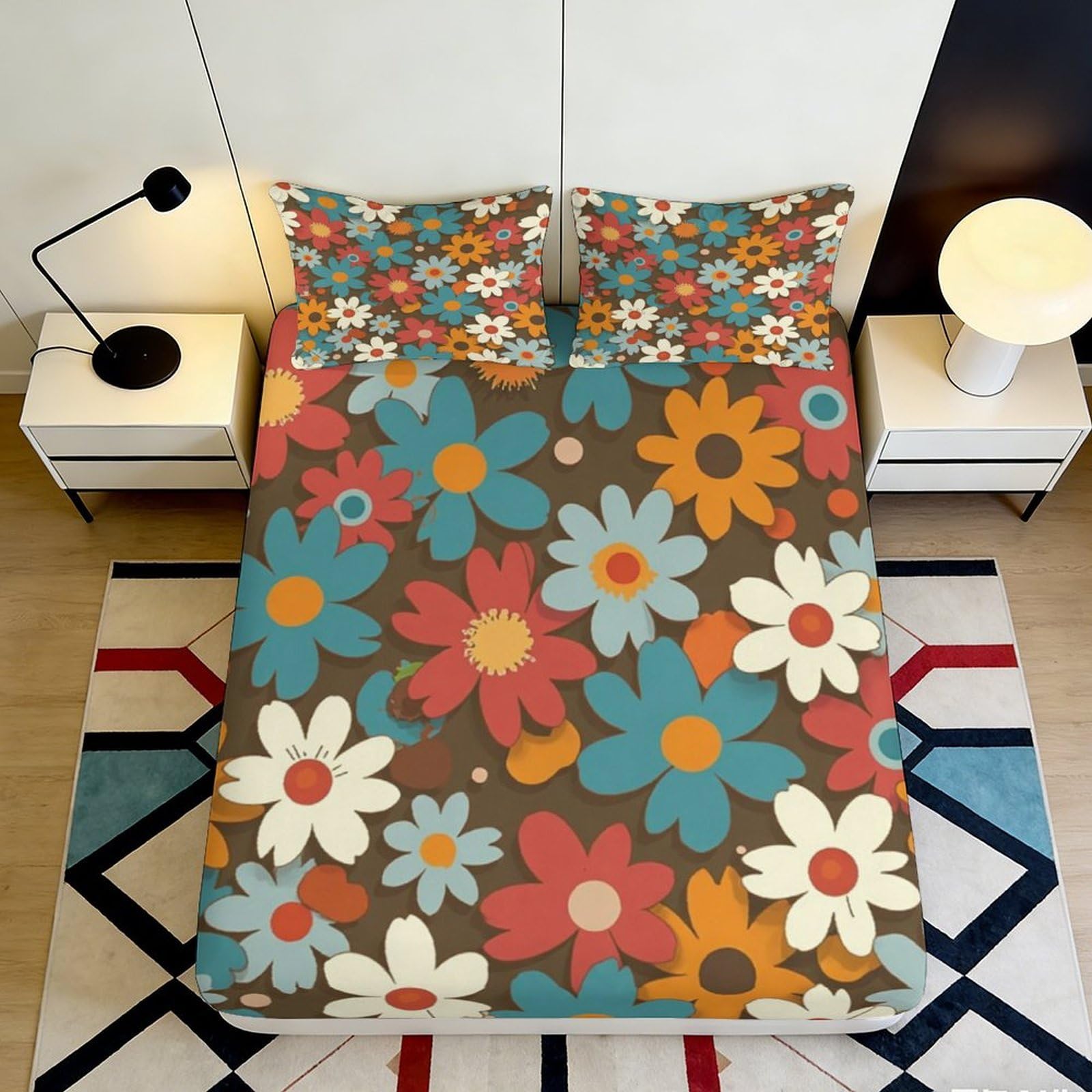 3D Printed Floral Fitted Sheet Microfiber Deep Pocket Non-Slip Elastic Hem Bedroom Flower Mattress Fitted Cover for Adults Teenagers 140x200x25cm