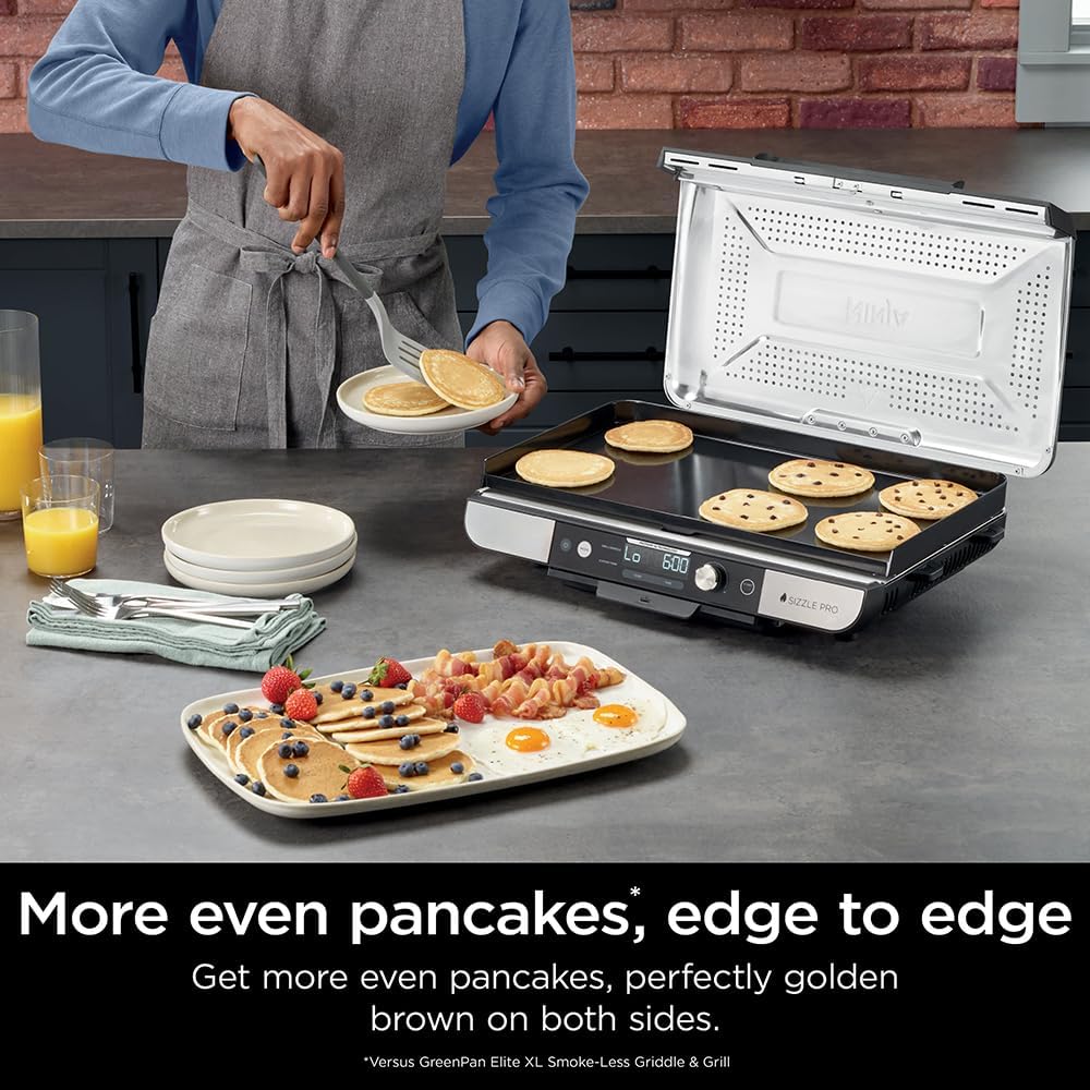Ninja (Refurbished) Sizzle Pro XL 20-Inch Indoor Griddle + Grill, Detachable Ventilated Lid, Grease Control, Ceramic Nonstick Plates, Even Edge-to-Edge Cooking, XL Capacity, Versatile (Renewed)