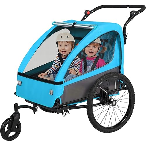 Sepnine 2-in-1 Kids Bike Trailer and Stroller with Suspension – Bike Trailer for 1 to 2 Children, Jogging Function, Foldable, 5-Point Harness, Spacious Storage, with Bug Screen and Weather Shield