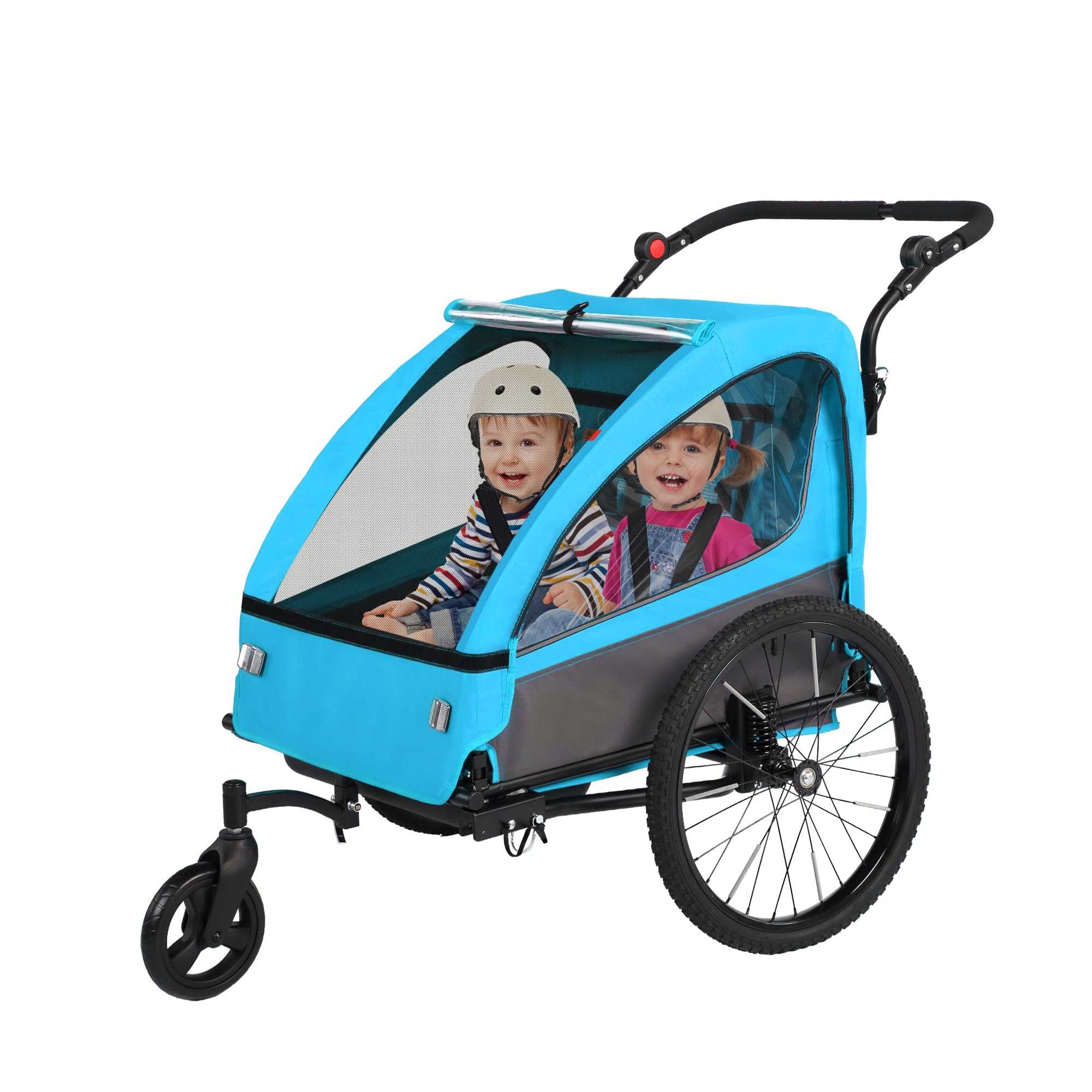 Sepnine 2-in-1 Kids Bike Trailer and Stroller with Suspension – Bike Trailer for 1 to 2 Children, Jogging Function, Foldable, 5-Point Harness, Spacious Storage, with Bug Screen and Weather Shield