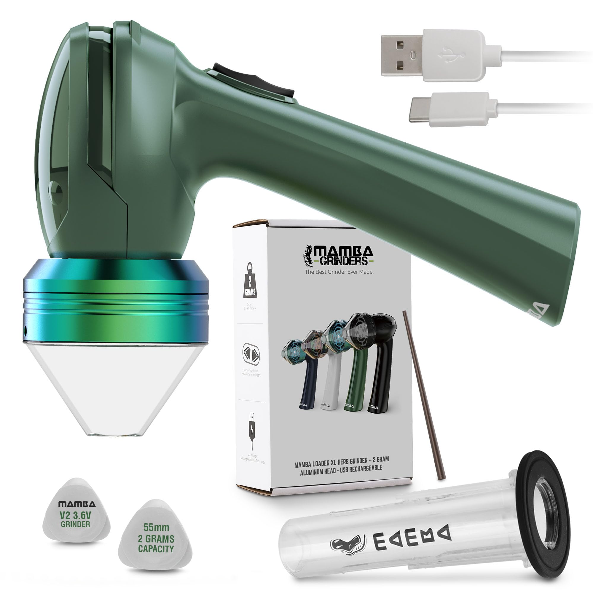 Mamba Green USB Electric Herb Grinder with Color Box. Small Portable Spice Mill