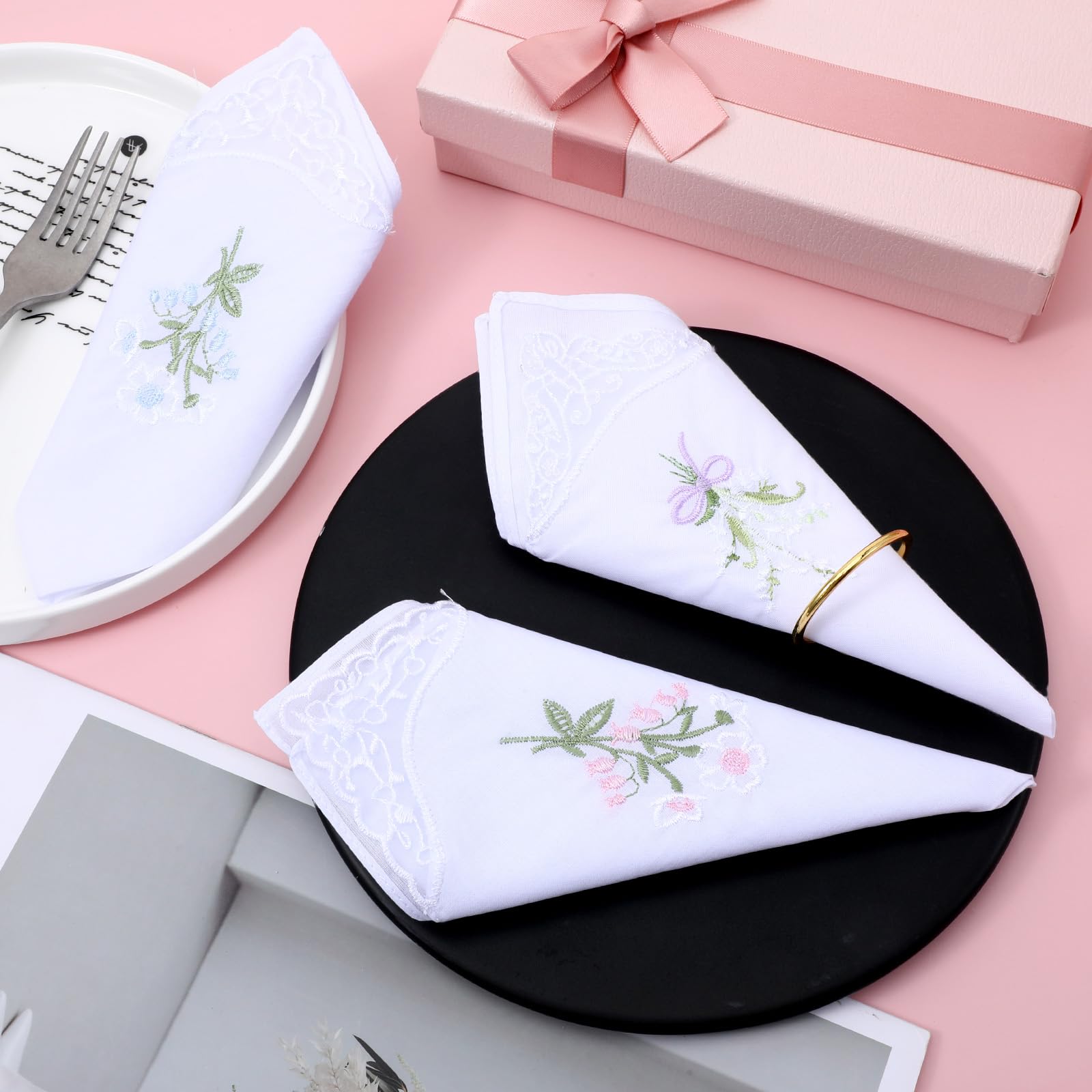 Lot de 12 mouchoirs pour femme en coton doux à motif floral avec dentelle à un coin, réutilisables et lavables pour fête de mariage, usage quotidien