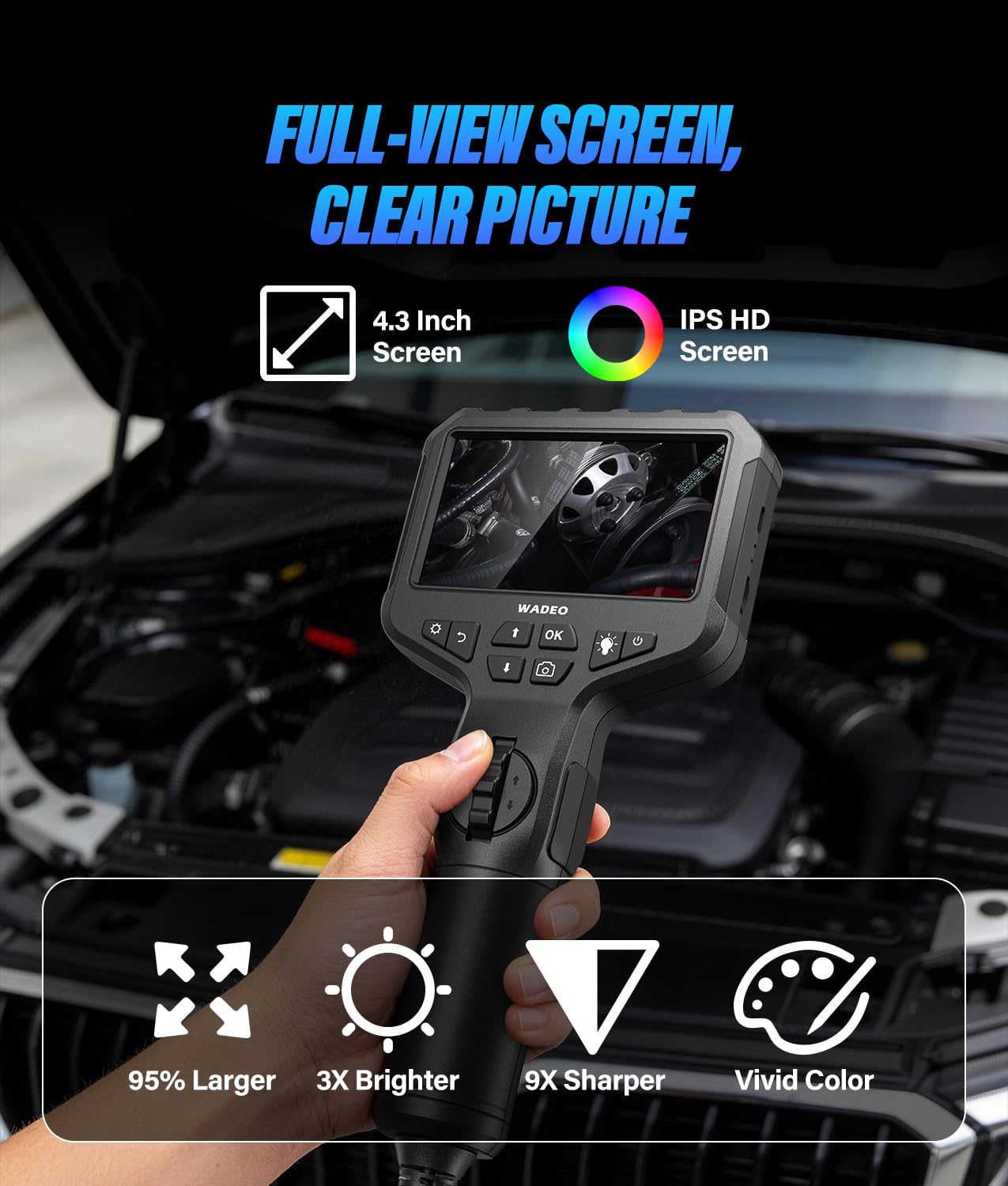 WADEO Cámara endoscópica giratoria con luz, cámara de inspección IPS de 4,3'' y 1920P, cámara Flexible Impermeable de 6,5 mm, cámara Tubular, cámara de inspección Digital HD