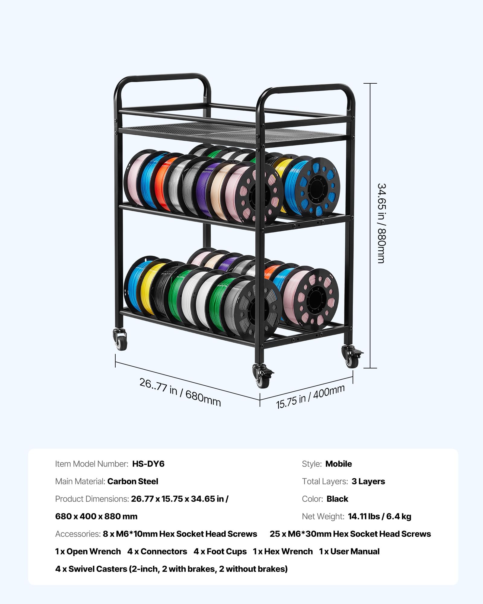 VEVOR Supporto di Stoccaggio per Filamenti 3D da 680 x 400 x 880 mm Ripiano per Filamento per Stampante 3D a 3 Livelli con Ruote, Filamenti Organizzati per Ufficio e Officina, Nero