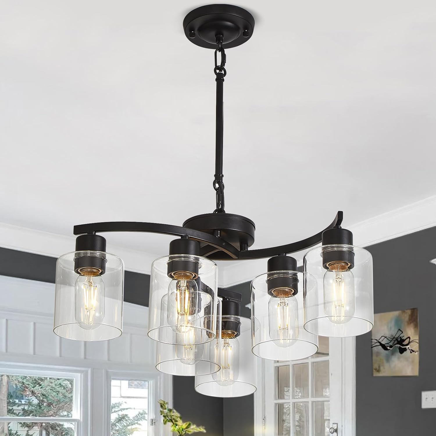 6 Light Contemporary Chandelier Black Modern Farmhouse Chandelier Hanging Lighting Fixtures Industrial Pendant Ceiling Light with Clear Glass Shade Ceiling Light Fixtures for Dining Room Living Room (See The picture for the color)