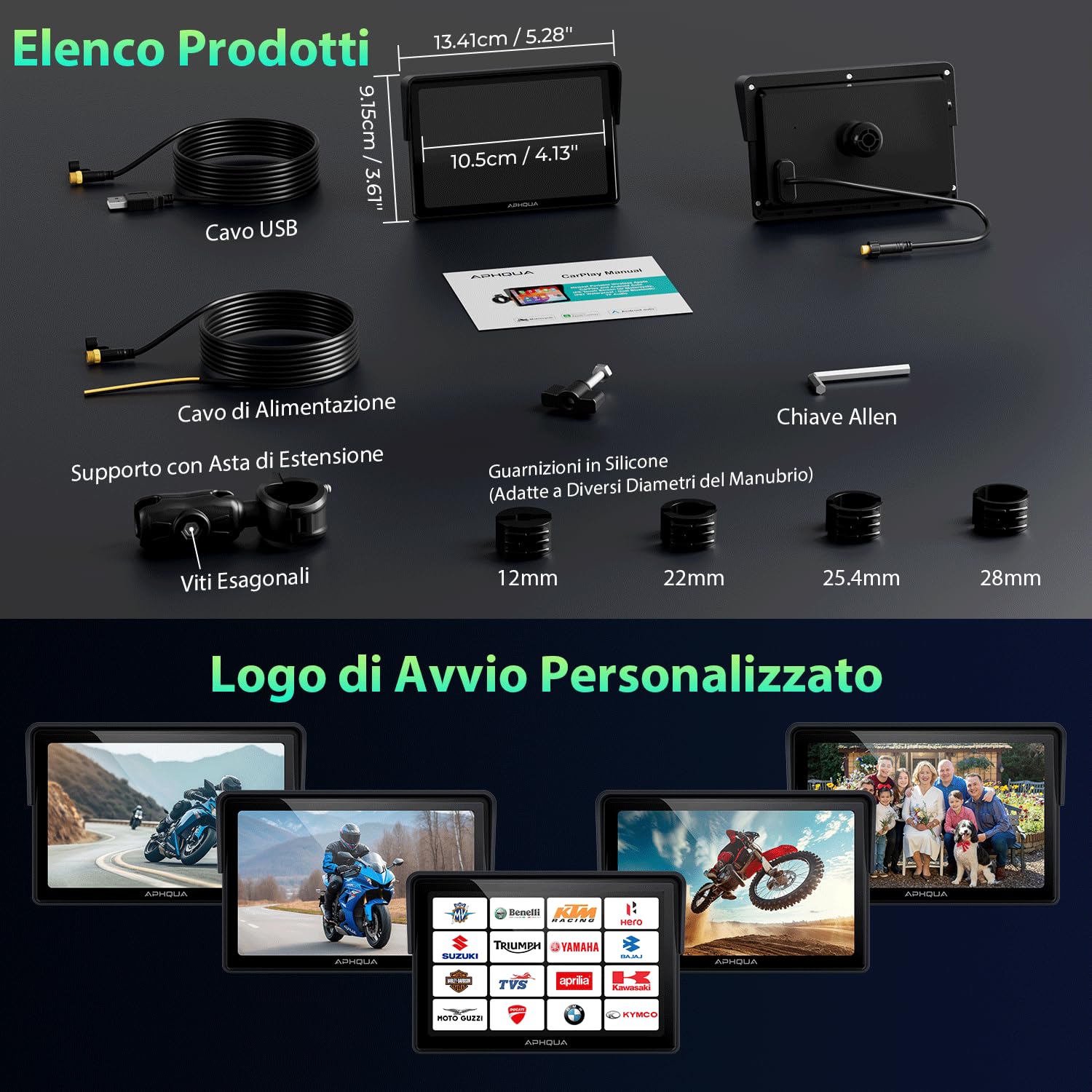 Schermo Moto 5" CarPlay e Android Auto Senza Fili – Touchscreen impermeabile IP67 per moto con Navigation GPS, Bluetooth Trans, Siri, Vivavoce - Modello A522