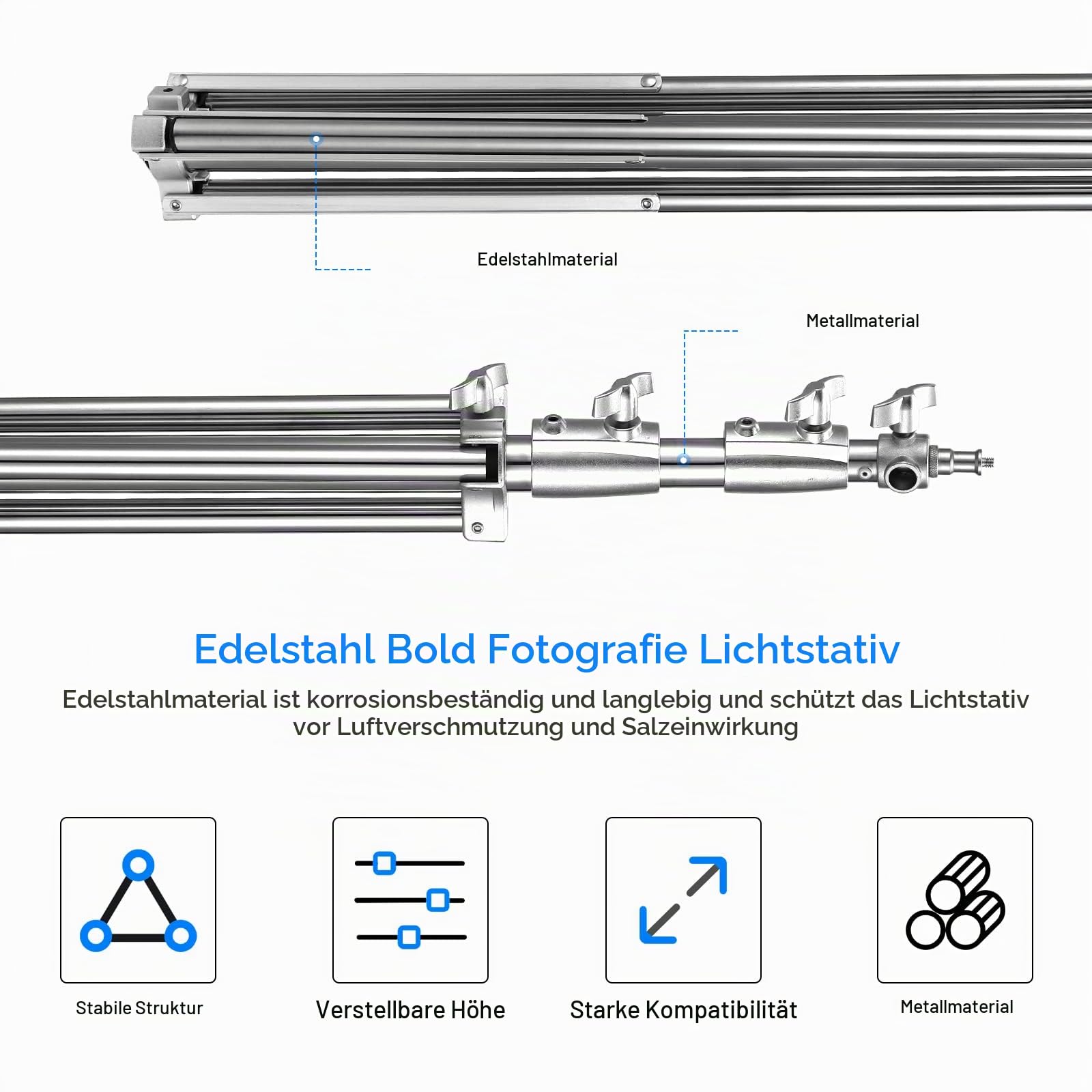 Edelstahl Lichtstativ 110"/2.8m, Federgedämpftes Heavy Duty Stativ mit 1/4" auf 3/8" Universal Adapter Einstellbarer Lichtständer für Fotografie Studio Softbox Reflektor Portrait, 2 Stück