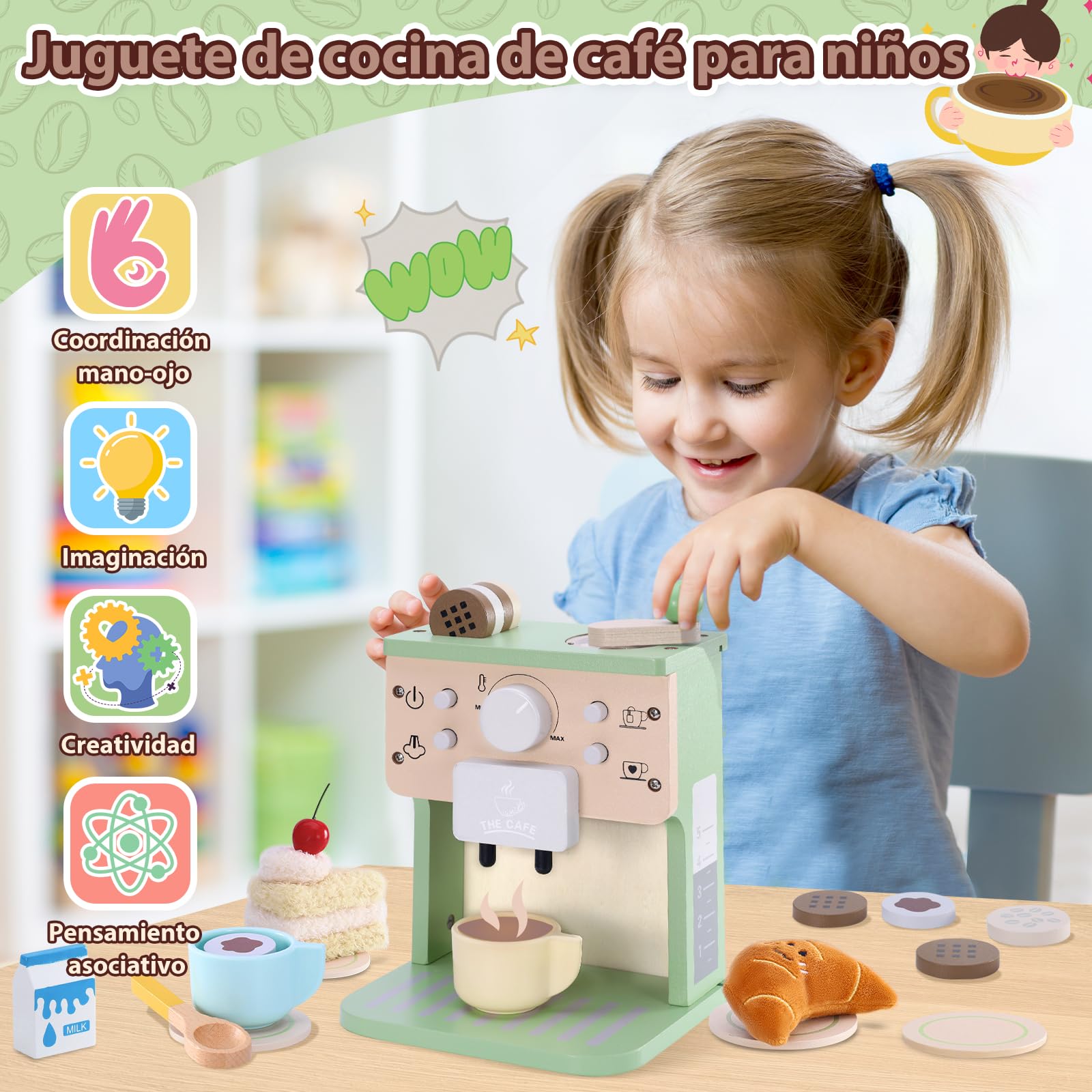 VBACALA Set de Juguetes de Cocina para Niños, Máquina de Café de Madera con Sonido y Botones, Accesorios de Cocina para Niños, Pastel y Croissant de Tela, Regalo Adecuado para 3+ años