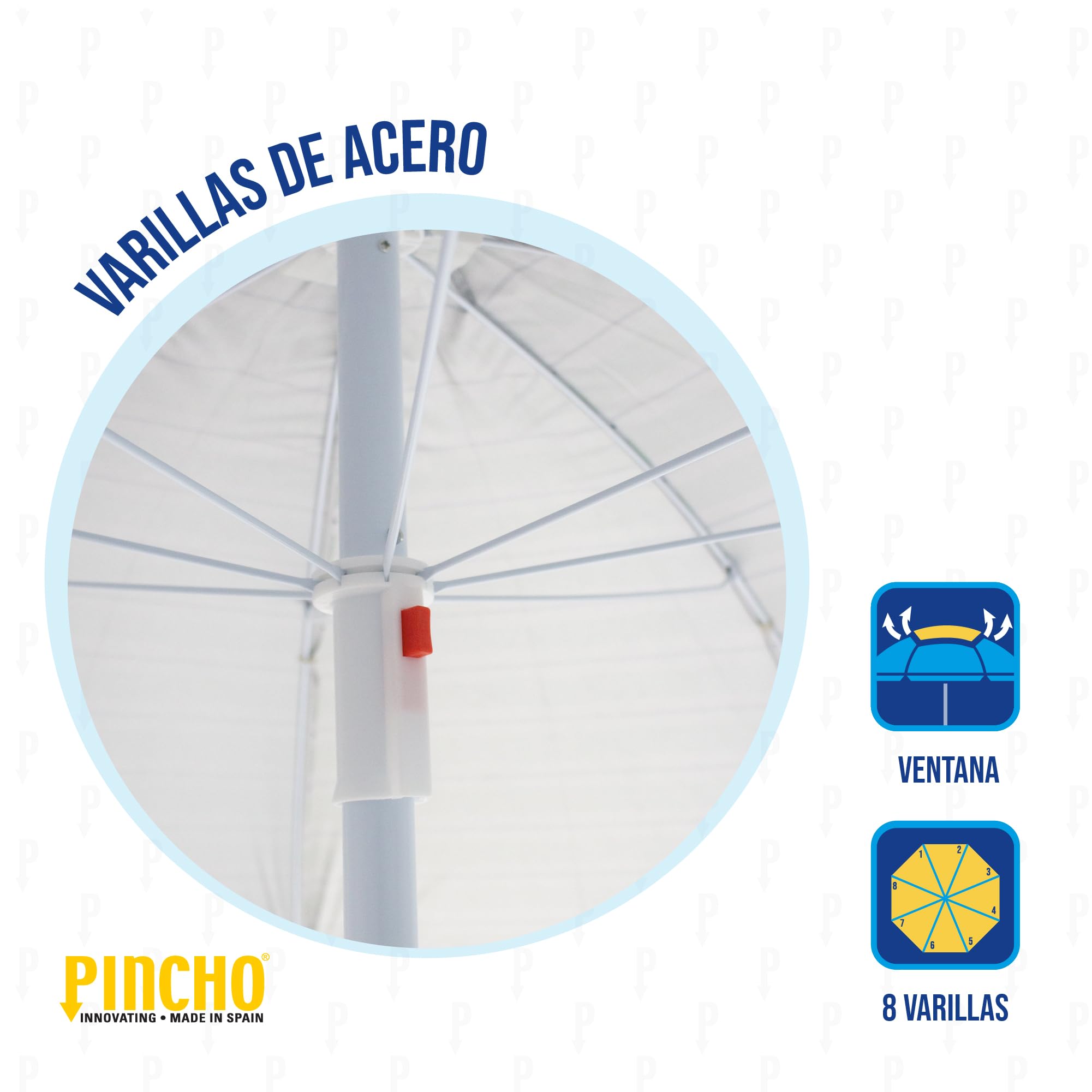 Pincho Parasol de plage 200 cm avec protection UV50+, hauteur réglable, type perçage inclus, 8 baleines anti-vent, tube acier, sac de transport