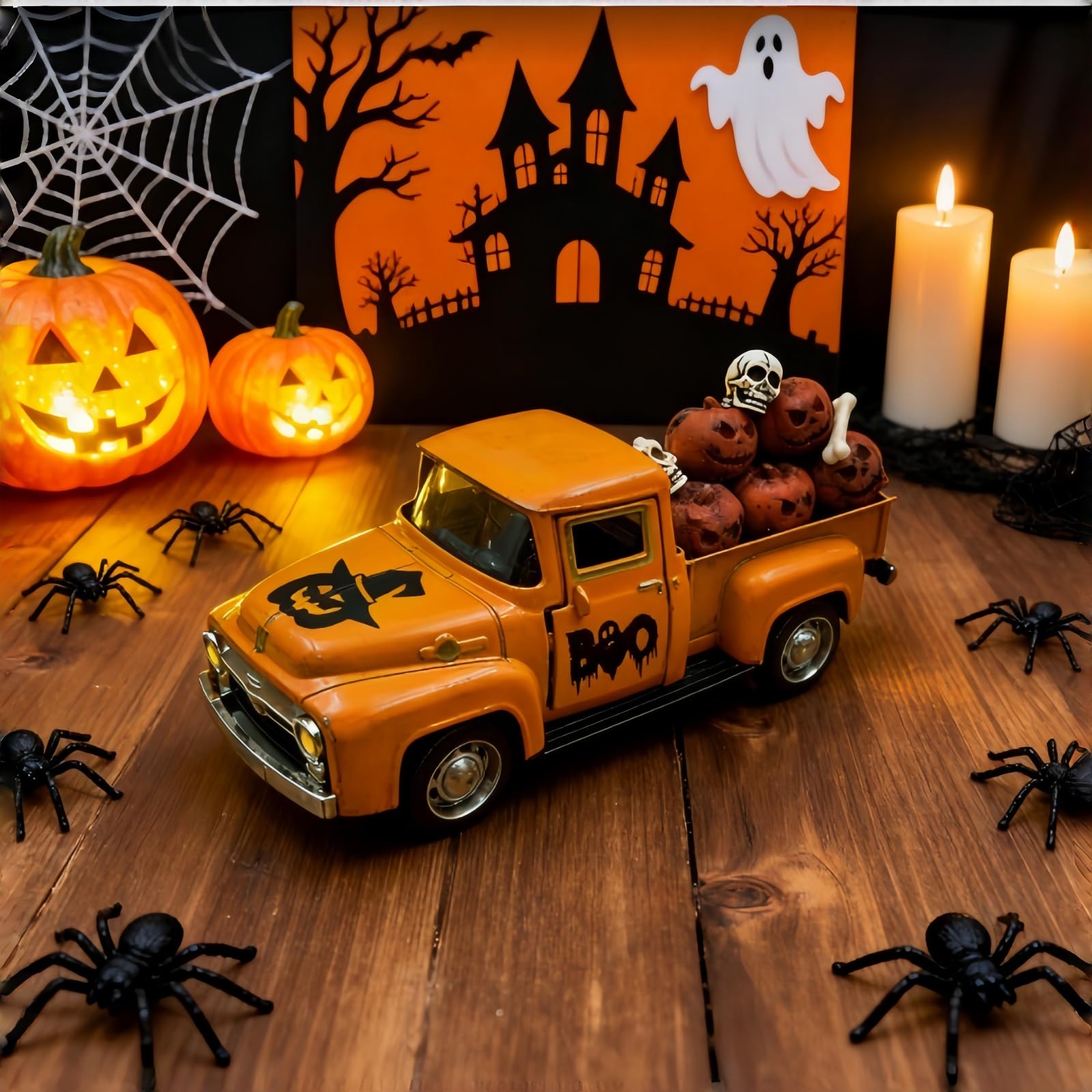 Halloween Kürbis Deko, Vintage Metall Truck mit Miniatur Ske