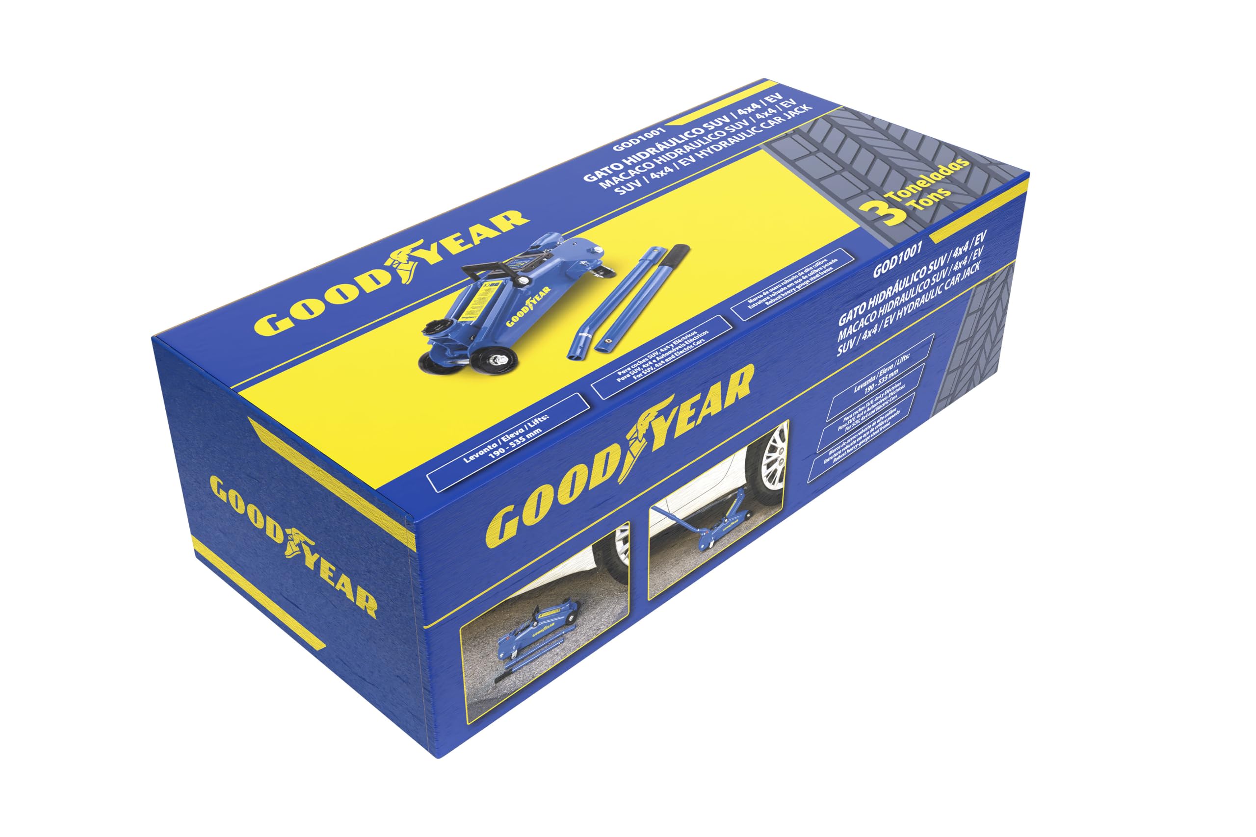 Goodyear Gato Hidráulico de Carretilla 3 Toneladas, Elevación de 190 a 535 mm. para SUV 4x4 y Coches Eléctricos Acero Reforzado Homolog. TÜV SÜD GS