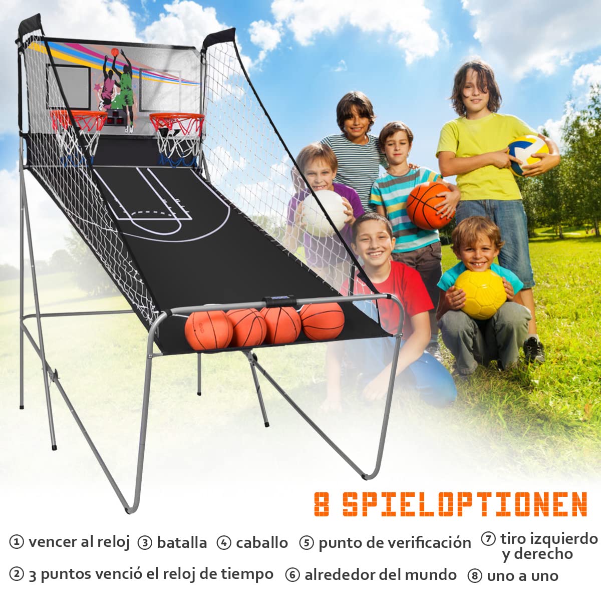 COSTWAY Juego de Canastas Plegable Máquina de Baloncesto Juguete Contador y Marcador Electrónico con Soporete Red Cesta de Baloncesto 4 Baloncestos
