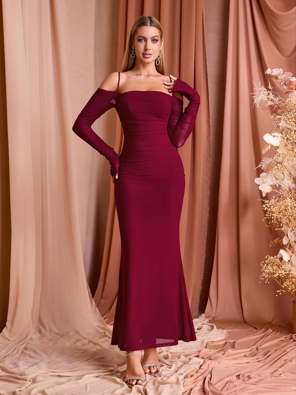 EYNMIN Women's Fall Wedding Guest Dresses Long Sleeve Spaghetti Strap Mesh Ruched Bodycon Maxi Formal Dress - Image 5