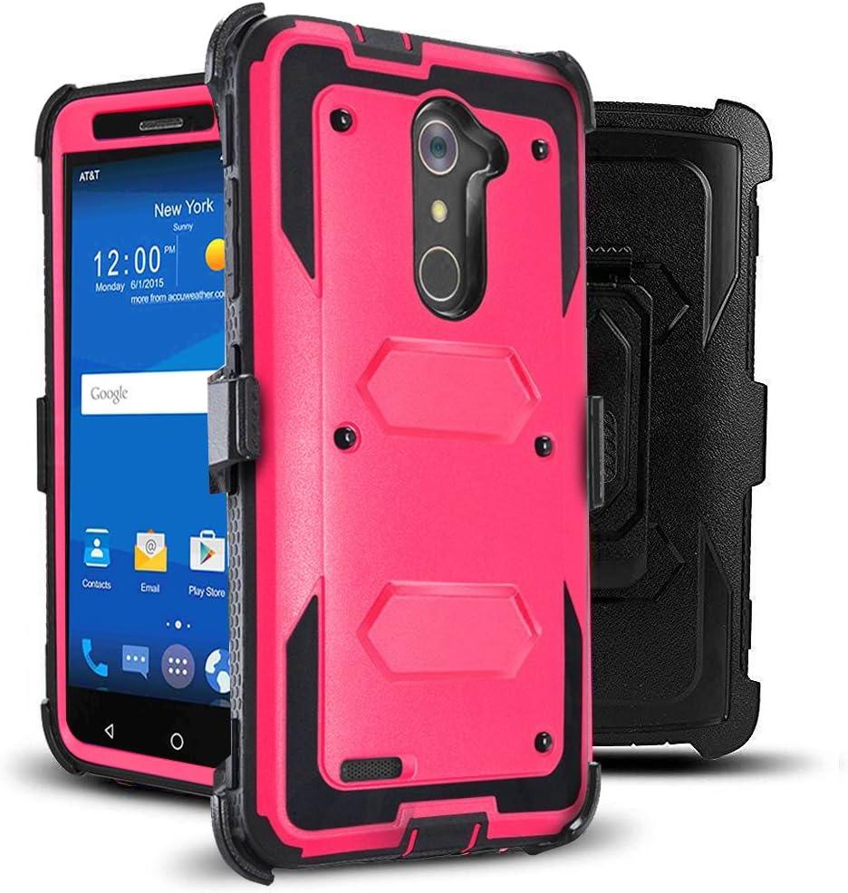 J.west Compatible with ZTE ZMax Pro Case, Belt Clip Kickstand Heavy Duty Full-Body Rugged Protection Impact Armor TPU Hard Case Cover Without Screen Protector for ZTE Zmax Pro Z981/Grand X Max 2 Rose