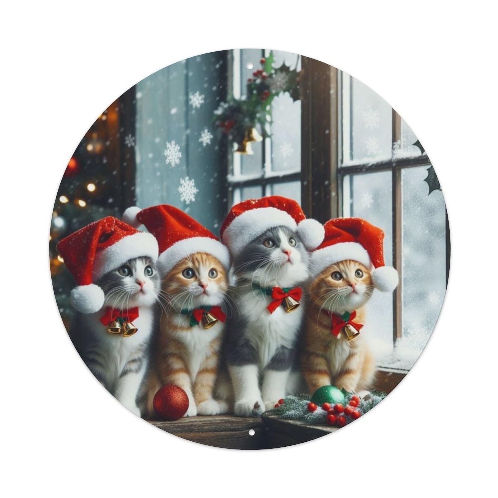 Animal Cute Christmas Cat British Shorthair Christmas Kittens Vintage Metal Tin Sign Plaque Wall Decor for Cafe, Club, Garden Round Metal Poster 8x8Inch