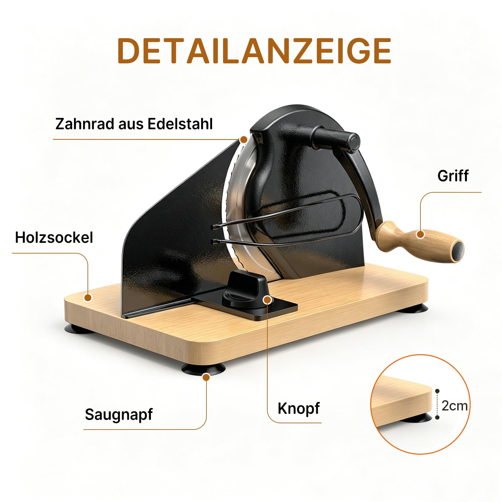 Brotschneidemaschine Manuell mit Handkurbel | Einstellbare Scheibendicke | Scharfe Edelstahlklinge & Buchenholz Basis | Rutschfest durch Saugnäpfe | Kompakt für selbstgemachtes Brot & Sauerteigbrot