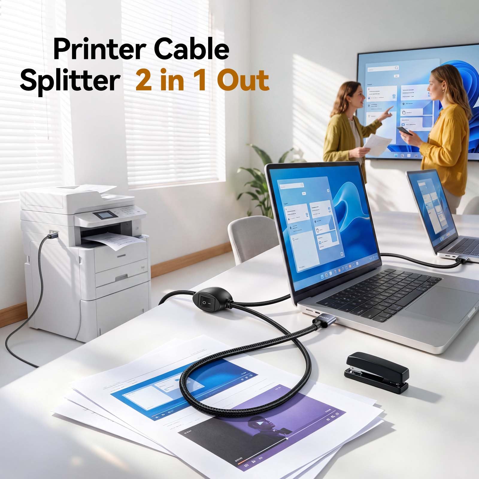 Cavo splitter 2 in 1 per stampante, interruttore di condivisione USB 2.0 per due computer a un dispositivo USB, cavo dati USB A a B da 3,5 m, per stampante, scanner, tastiera, mouse, Plug and