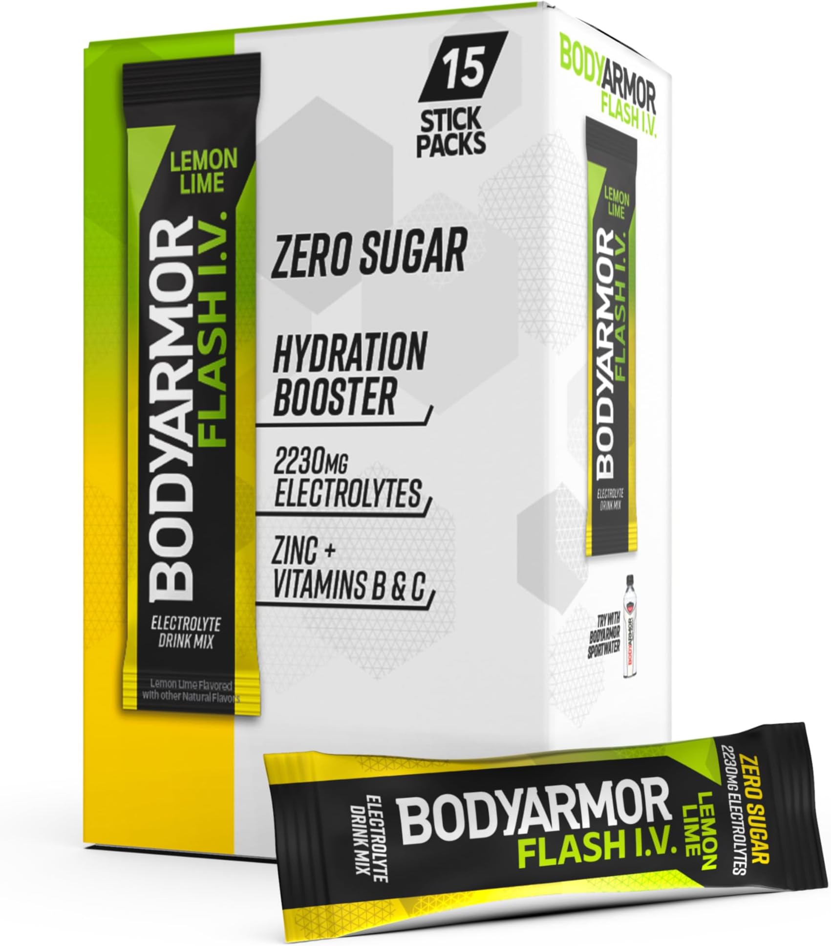 BODYARMOR Flash I.V. Rapid Rehydration Electrolyte Sticks, Lemon Lime, 15 Count (Pack of 1)