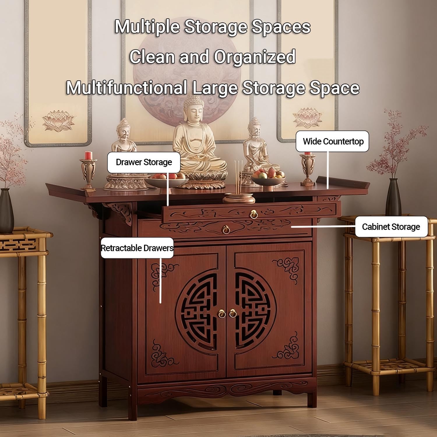Bamboo Altar Table for Home, Bamboo Meditation Personal Prayer Altar Table with Storage, Altars Shelf Shrine for Living Room Bedroom Office(Without Drawers,L26W13in)