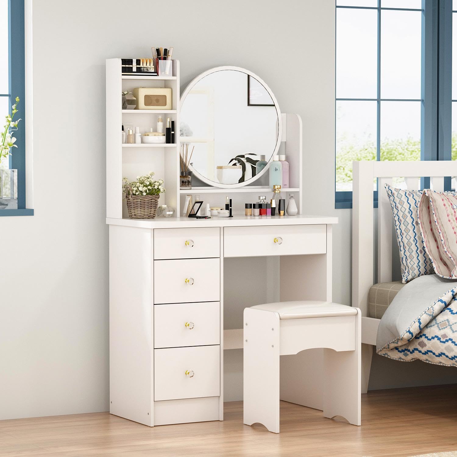 FUFU&GAGA White Vanity Set with Round Mirror, Makeup Vanity Dressing Table with 5 Drawers, Shelves, Dresser Desk and Cushioned Stool
