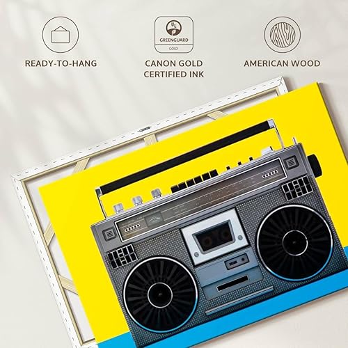 Miniatura 6 de ElephantStock - Retro Silver Boombox Wall Art - Horizontal Canvas Wall Art - Living Room Wall Decor - Photography Music Canvas Art - Yellow And