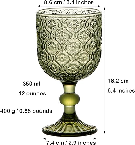 Miniatura 6 de Juego de 6 vasos verdes para beber vino, copas de agua y vino, 12 onzas para boda, fiesta, bar, patrón floral, 11.8 fl oz