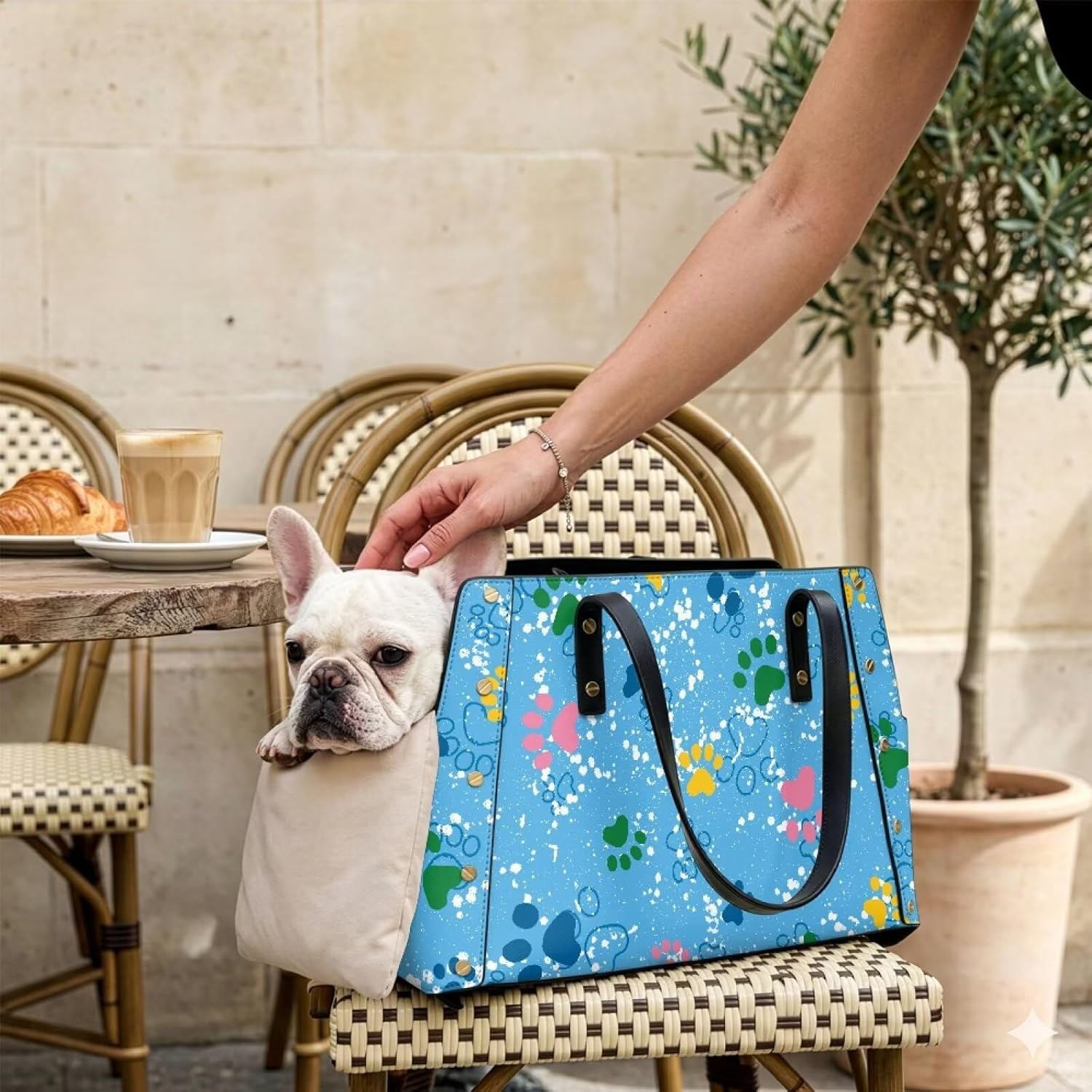 COEQINE Blue Dog Paw Prints Pet Sling Carrier for Small Dogs 12 Pounds Soft Sided Leather Hobo Bag Travel Pet Handbags with Pillow Replacement