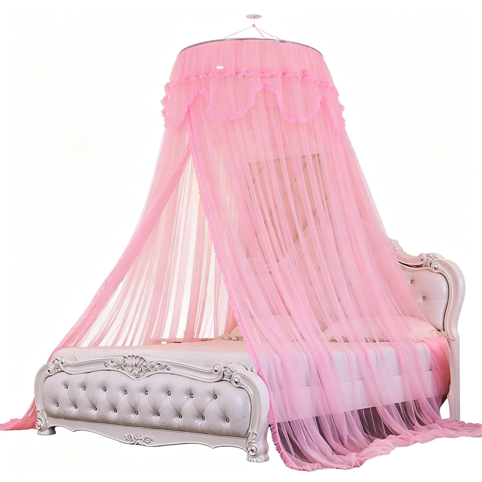 SARKEY Moskitonetz Betthimmel Für Mädchen,Hängende Bettnetzabdeckung Schlafzimmer,Prinzessinnen Baldachin,Runde Kuppelspitze,Erwachsene,Hochzeit,Dekoration(Pink)