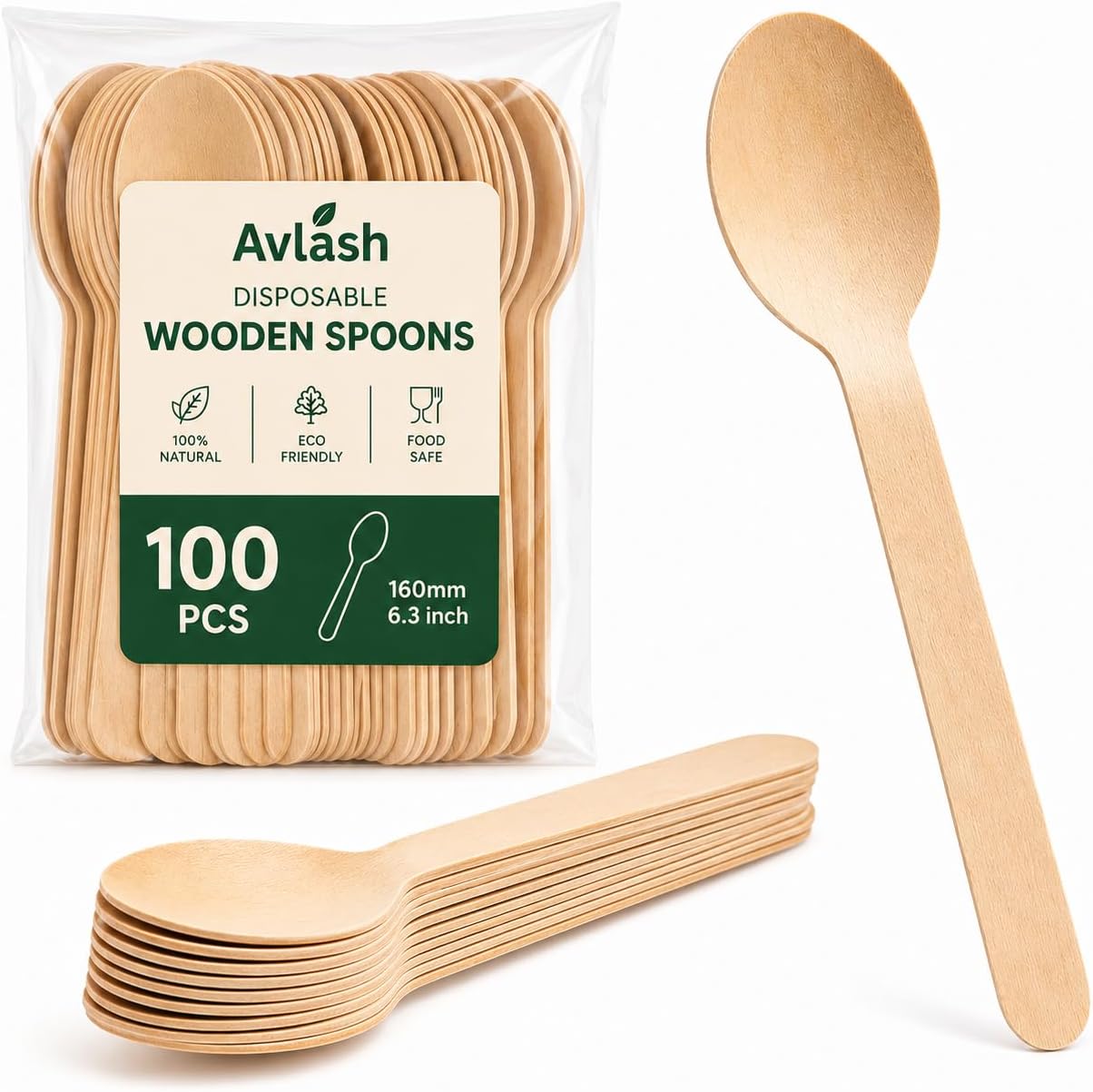 Avlash® [ Pack of 100 ] Disposable Wooden Spoons, Biodegradable Wooden Spoon - 16cm Long | Eco Friendly & Plastic Free Wooden Spoons - Ideal for Wedding, Picnic, Party, Office (Spoons)