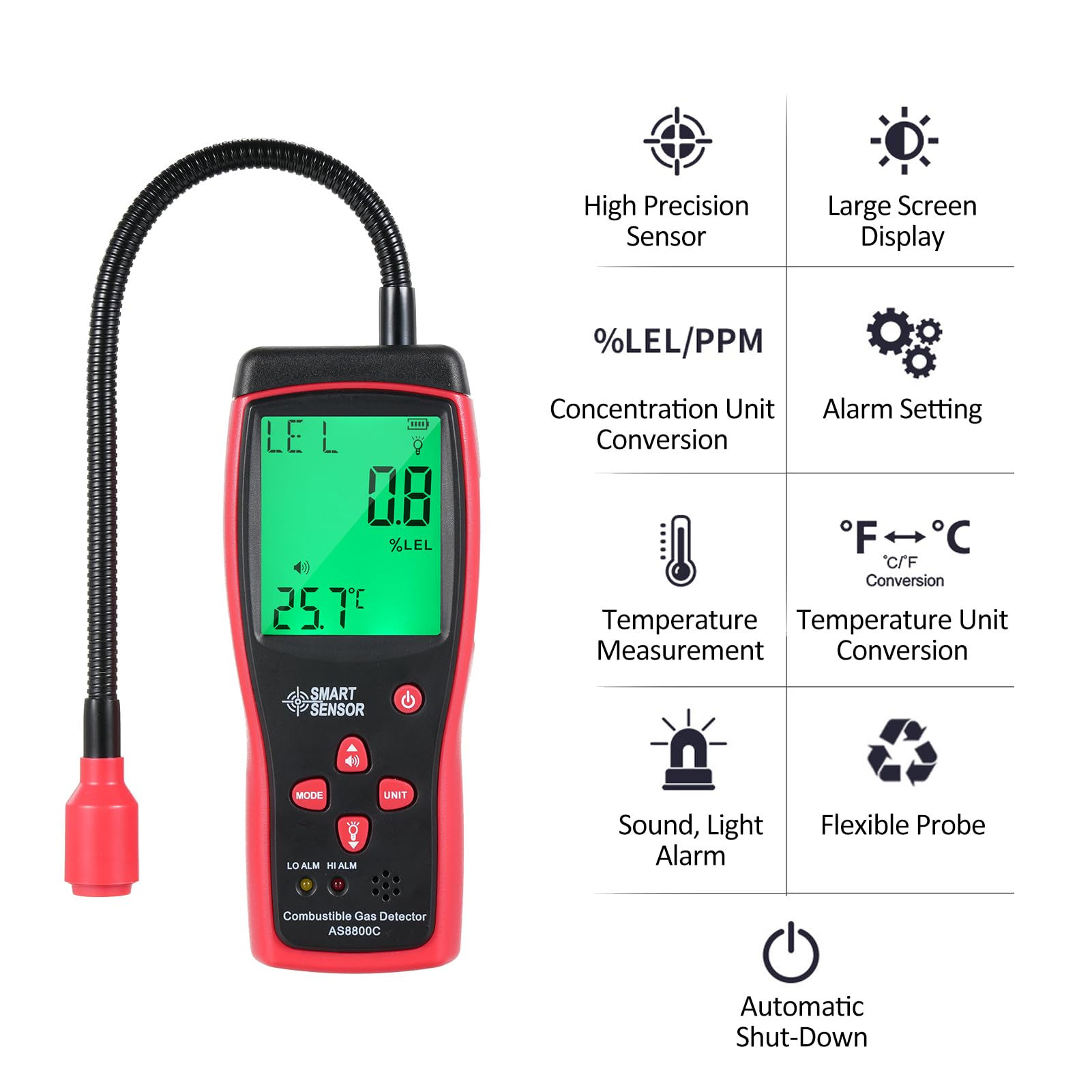 Ręczny wykrywacz nieszczelności gazów palnych i tester gazu ziemnego SMART SENSOR z elastyczną sondą 278 mm, podświetlanym kolorowym wyświetlaczem LCD, pomiarem temperatury i
