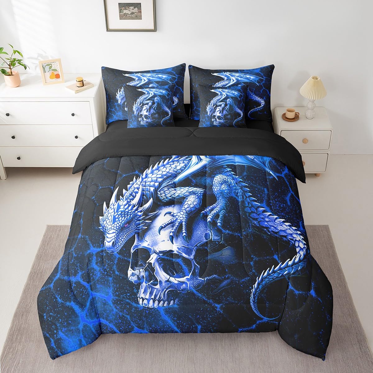 Feelyou Dragon Comforter Set with Sheets 7 Piece Queen Size Kids Blue and Black Bed in a Bag for Boys Teens Sugar Skull Bedding Set Honeycomb Dragon