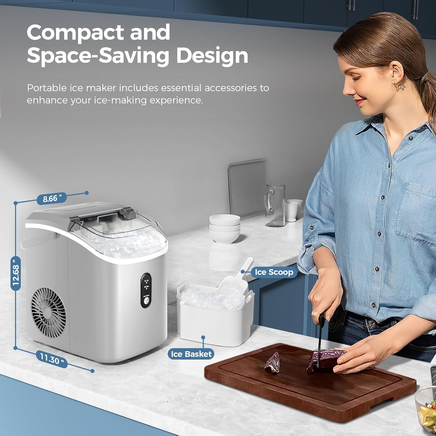Nugget Ice Maker Countertop With Self-Cleaning Function, Sonic Ice Maker Machine With Handle, 35lbs/Day, Compact Design For Home/Office Use(Grey) on Fridge.com - View 5