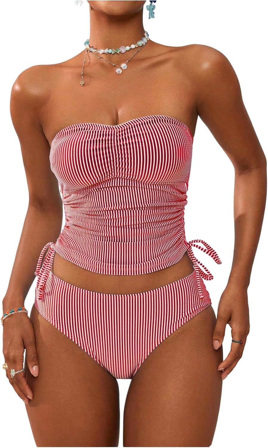 GORGLITTER Women's Striped Bandeau Tankini Swimsuits Side Drawstring Bathing Suit