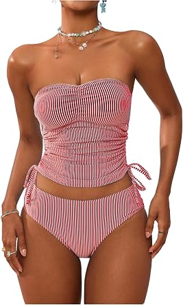 GORGLITTER Womens Striped Bandeau Tankini Swimsuits Side Drawstring Bathing Suit