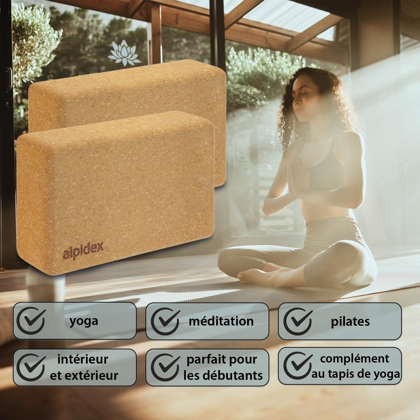 ALPIDEX Bloc de liège Yoga Brique lot de 2 y compris un e-book avec 100 exercices écologique et durable liège de Portugal, Taille:2 pièces - 23 x 14 x 7.5 cm
