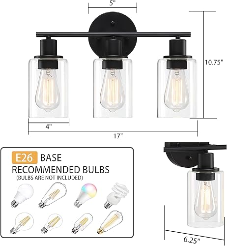 Miniatura 3 de Pia Ricco Lámparas de tocador de baño, 3 luces negras con pantallas de vidrio transparente, moderna lámpara de pared sobre espejo, apliques de pared