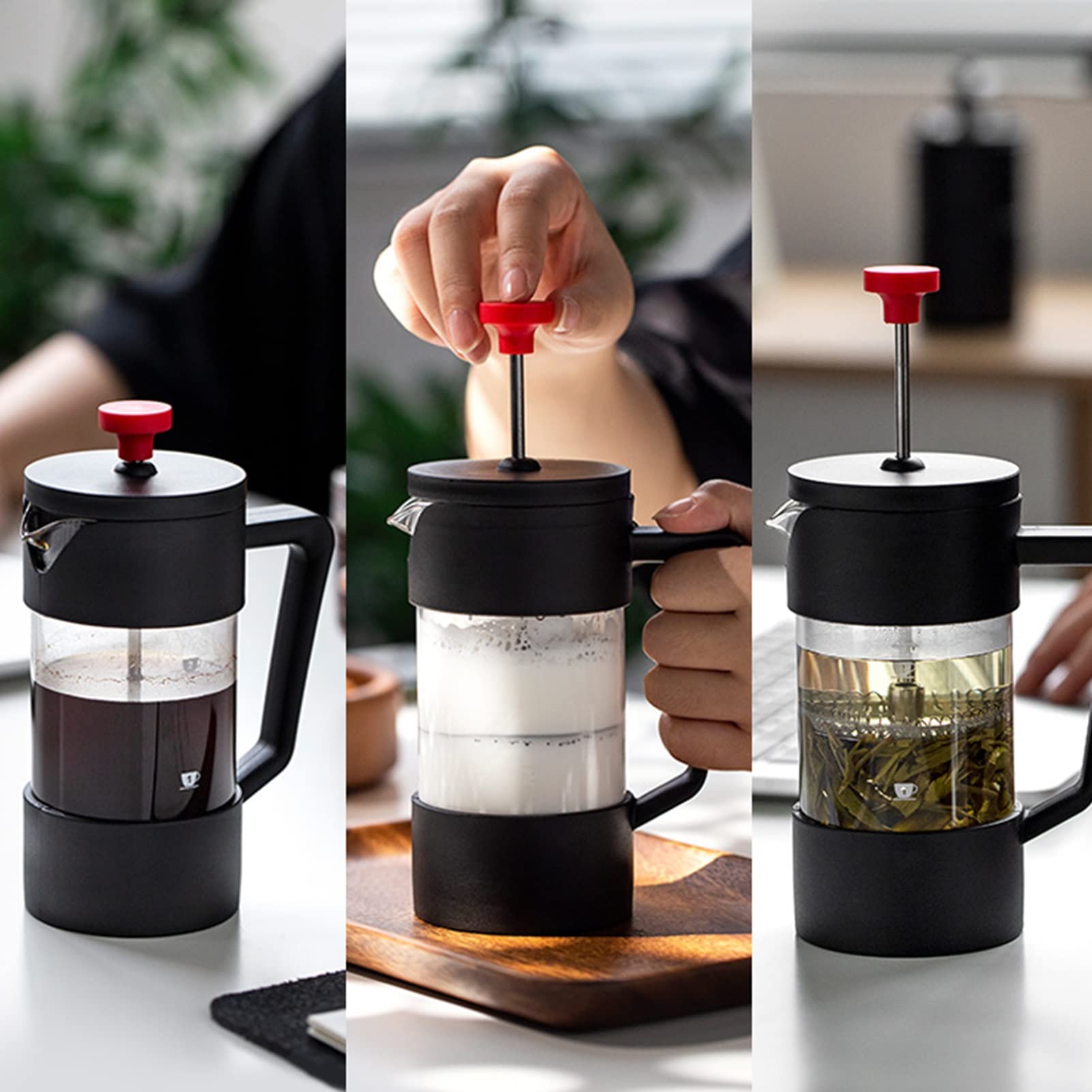 Caffettiere A Pistone,Caffettiera Francese in Vetro Borosilicato Resistente al Calore Rimovibile in Acciaio Inossidabile 304 con 3 Filtri,French Press Caffe Resistente E Facile da Pulire