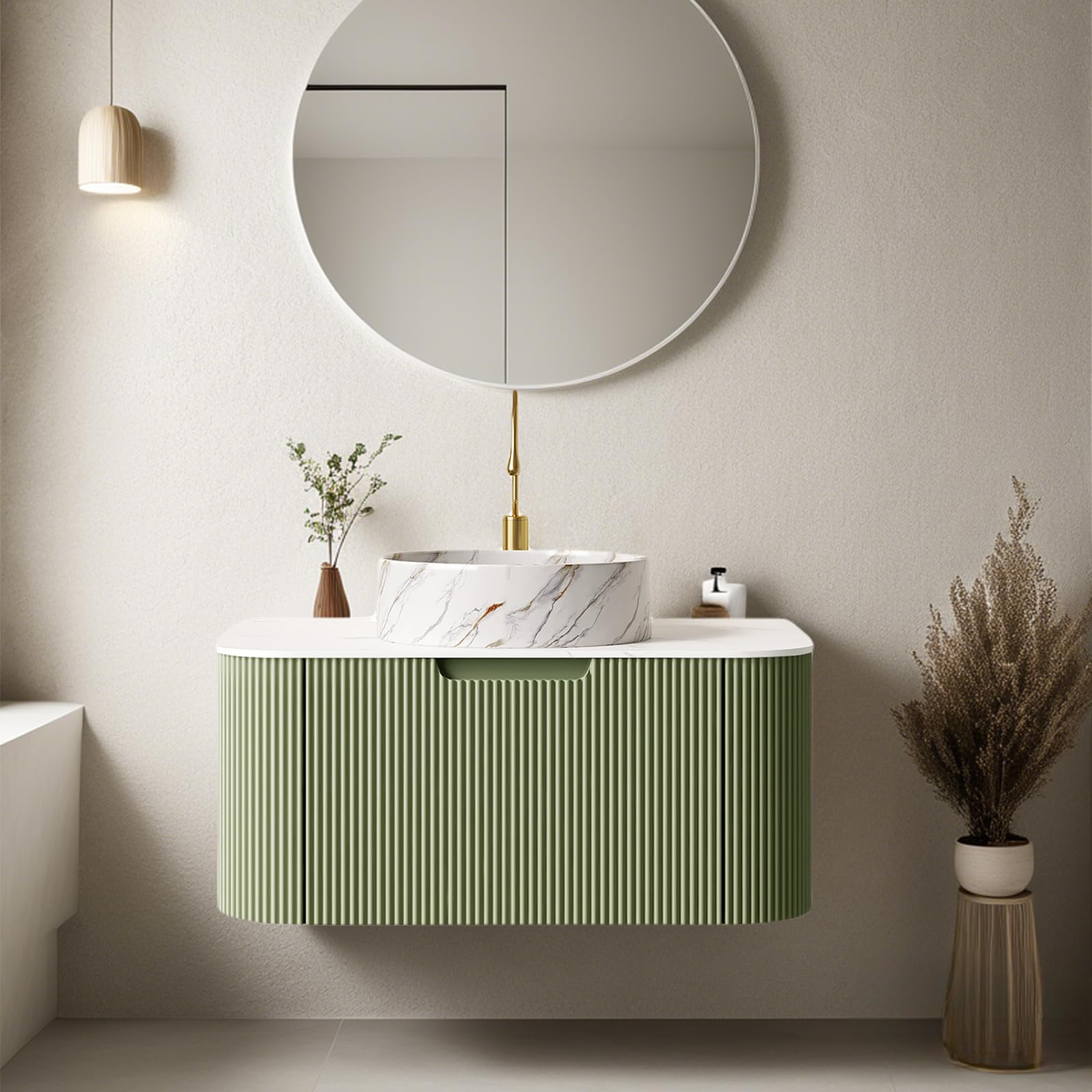30" Solid Wood Bathroom Vanity with Sink, Wall Mounted Floating Bathroom Vanity with Ultra-Thin Marble Sink and Top, Large Drawer for Ample Storage Space and No Assembly Required, Light Green