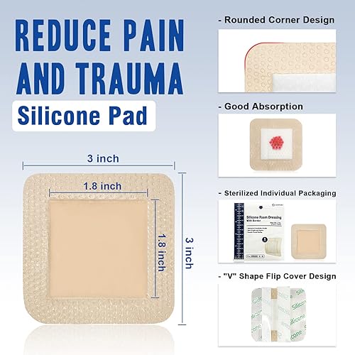 Miniatura 10 de Apósito de espuma de silicona con borde adhesivo suave de 2 x 2 pulgadas, paquete de 5 vendajes impermeables para heridas, vendajes para heridas de