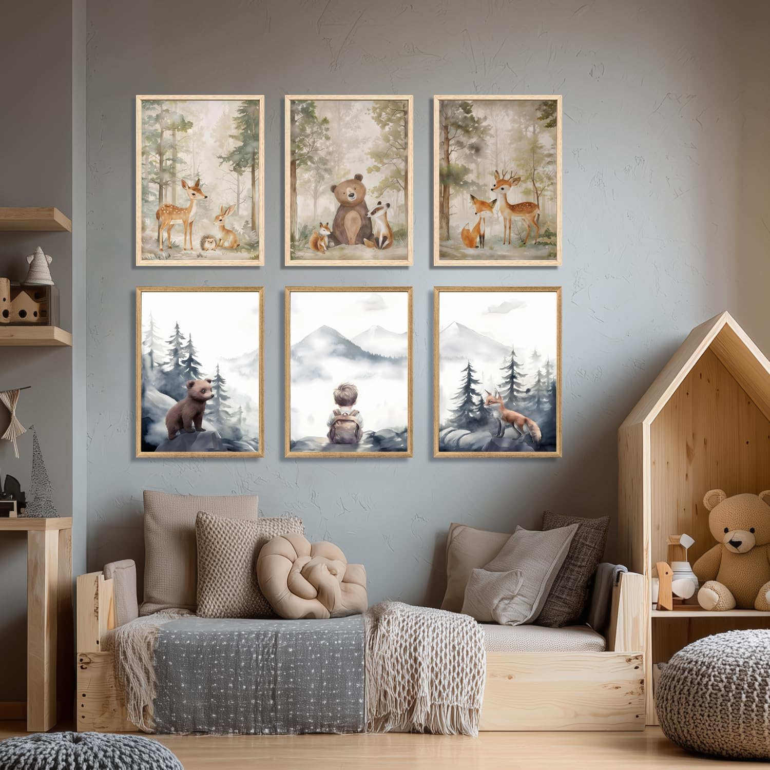 Cyebmo Woodland Animals Wall Art Set of 3, Baby Boy Wild Forest Animals Wall Decor, Deer Bear Fox Canvas Painting, Neutral Aesthetic Pictures for Kids Room Benroom Nursery Wood Framed 12"x16"x3