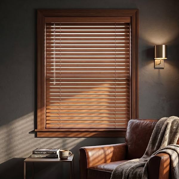 Persianas de Aluminio sin Perforación con Acabado de Madera Falsa, 1 Pulgada Sin Cuerda Tipo Veneciana para Ventanas Interiores, Oscurecimiento de Habitación, Impermeables para Baño, Dormitorio, Oficina y Cocina
