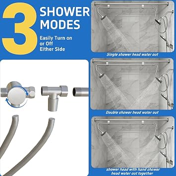 Double Shower Head with Handheld, Dual Shower Heads for Couples (43-78.7 Adjustable), High Pressure 3-Way Diverter Tandem Shower System for Two, Brushed Silver