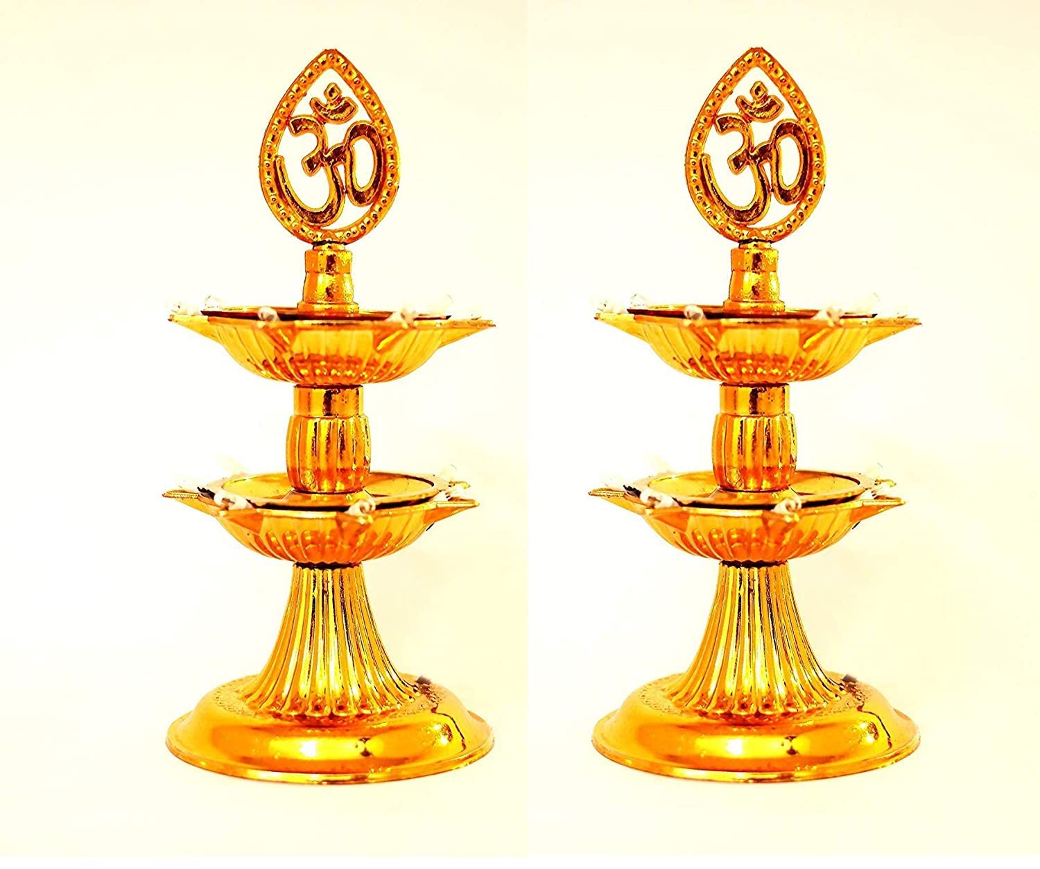 Aashita Creations Plastic Double Layer LED Golden OM Design Electric Diya Decorative Lamp for Temple Decoration (2, 2 Layer (14 LED Diya))