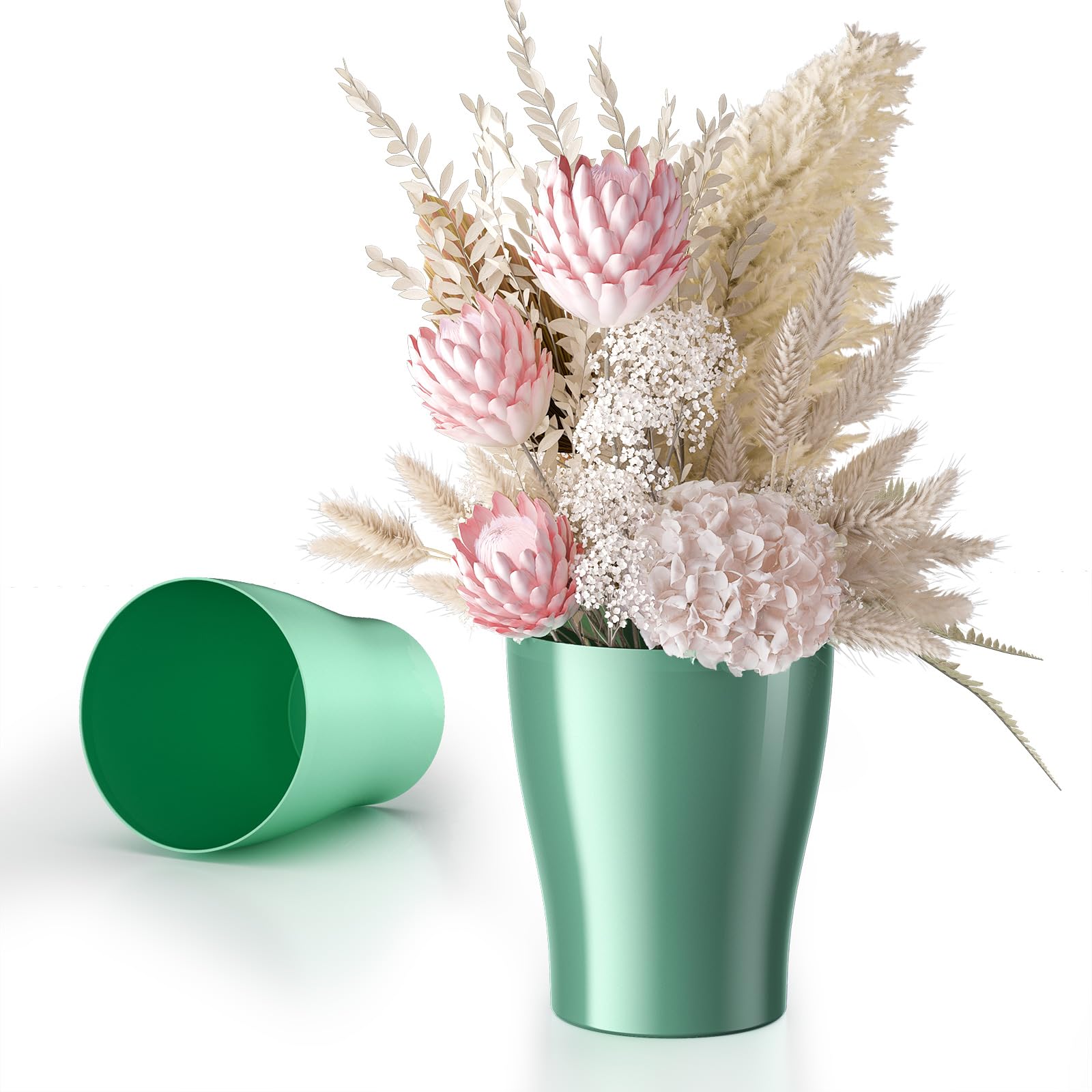 Plastic Vases, Set of 2 Pampas Grass Decor Vase, Modern Farmhouse Decor Flower Vase for Home Decor, Wedding, Living Room Decor, Coffee Table Decor, Entryway Decor, Office, Bedroom(Green W 4.7" X H 6")