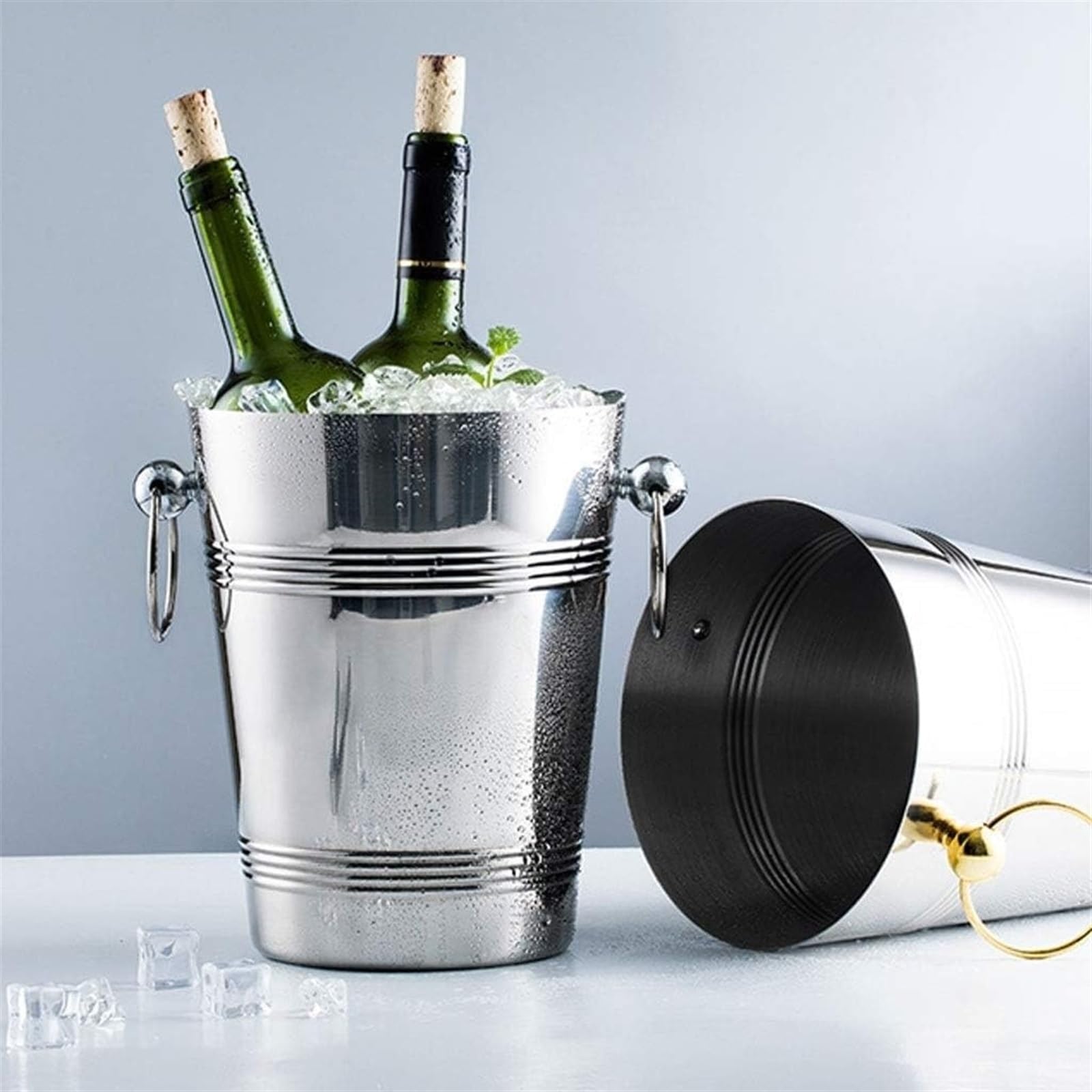Cubo de hielo de gran volumen, enfriador portátil de acero inoxidable con asa, recipiente de hielo inastillable para fiestas, eventos al aire libre y reuniones de jardín